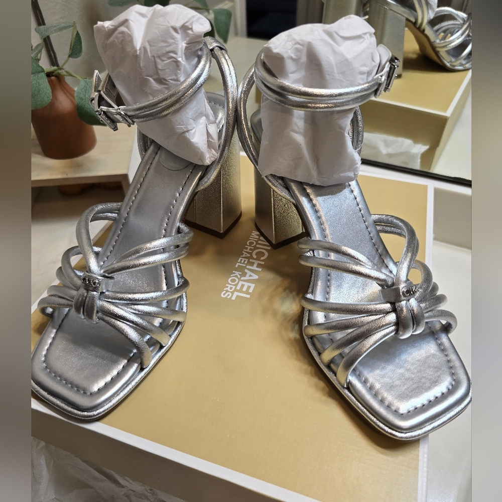 NIB Michael Kors Metallic Silver Strappy Block Heels